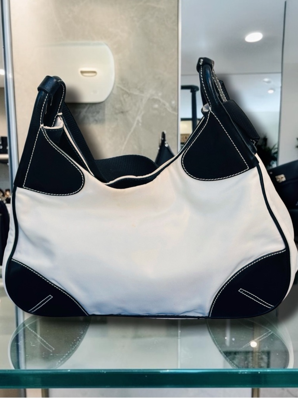AUTHENTIC PRADA TESSUTO SHOULDER BAG EGGSHELL NYLON BLACK LEATHER GROMMET STRAP - Picture 5 of 11